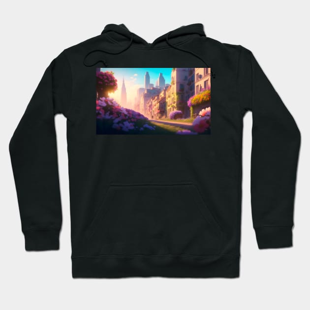 City street with beautiful flowers Hoodie by WODEXZ